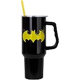 Silver Buffalo DC Comics Batman Logo Double Walled Stainless Steel Tumbler with Handle and Straw, Fits in Standard Cup Holder, 40 Ounces
