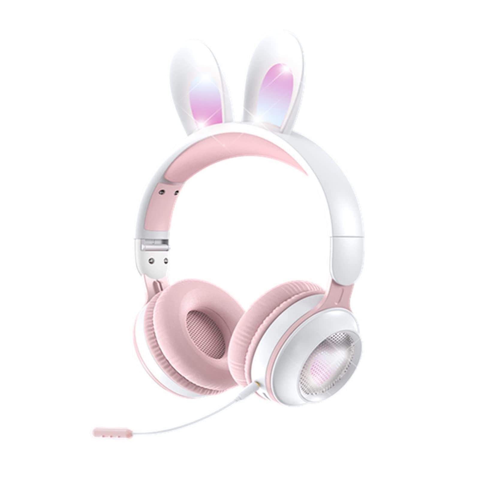 Kids Headphones, Bluetooth 5.0 Headphones with Rabbit Ear, Over Ear LED Light Foldable Wireless Headset, Support TF/AUX, Gifts for Kids, Toddlers, Teens(White Powder)