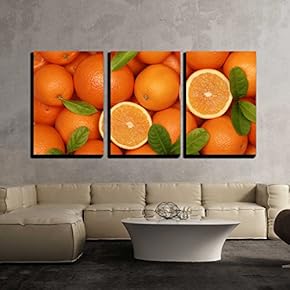 3 Piece Canvas Wall Art - Collection of Fresh Oranges with Leaves Forming a Background - Modern Home Art Stretched and Framed Ready to Hang - 16"x24"x3 Panels
