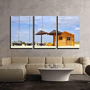 3 Piece Canvas Wall Art - Three Parked Boats in The Beach Sand Next to a Wooden Shack and Sun-Shades - Modern Home Art Stretched and Framed Ready to Hang - 16"x24"x3 Panels