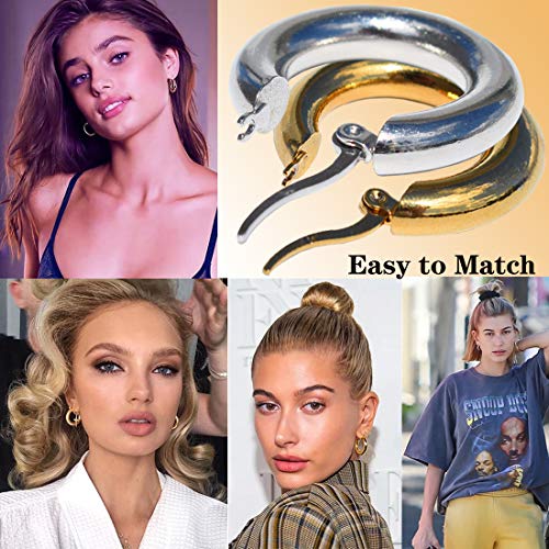 18k Gold Hoop Earrings, 2 Pairs Classic Shiny Polished Round Hoop Earrings for Women Girls Dainty Minimalist Open Hoop Earrings Wide Chunky Stainless Steel Earrings Jewelry Gift (Φ 0.98“)