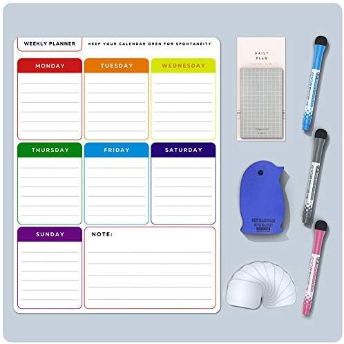Weekly Planner Whiteboard KKDragon Meal Planner A3 Magnetic Dry Wipe for Fridge, Cabinets and Any Smooth Surface, Magnetic Tape + Magnetic List Pad + 3 Coloured Whiteboard Pens + Eraser (40X30cm)