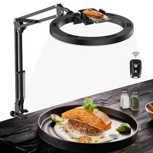View 1 of Overhead Camera Mount with Ring Light Phone Holder,10" LED Ring Light for Desk with Stand and Remote for iPhone,Phone Tripod with Light for Video Recording TikTok Live Stream Cooking Kitchen Vlogging