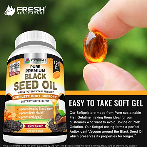 Black Seed Oil Capsules Cold Pressed 1300mg Per Serving, 100 Pure
