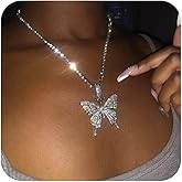 YienDoo Crystal Butterfly Necklace Choker Silver CZ Rhinestone Tennis Chain Sparkly Large Butterfly Pendant Necklace Charm Bling Crystal Butterfly Prom Necklace Jewelry Gift for Women