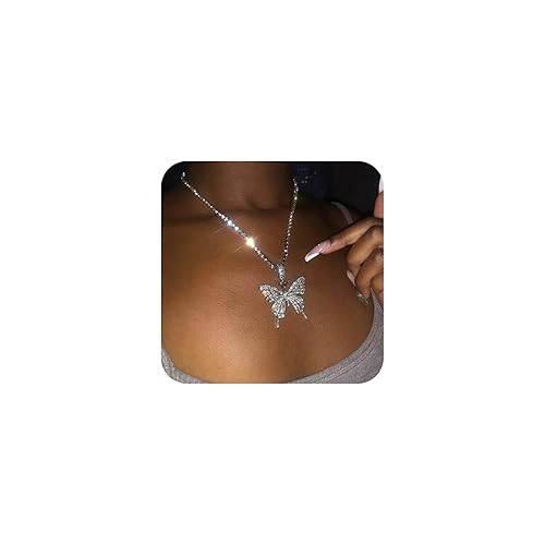 YienDoo Crystal Butterfly Necklace Choker Silver CZ Rhinestone