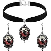 Gothic Raven Necklace Earring Set for Women Vintage Black Velvet Choker Necklace Goth Victorian Crow Cameo Pendant Necklace Dark Style Crystal Glass Raven Drop Dangle Earring Mystic Halloween Party Jewelry