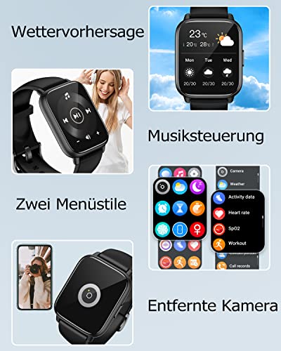 RUIMEN Smartwatch with Phone Function, Smartwatch for Men and Women, 1.85 Inch HD Screen Fitness Watch with SpO2 Monitoring, Heart Rate Monitor, Sleep Monitor, Pedometer Watch, 110+ Training Modes for Android iOS (2 Bands)