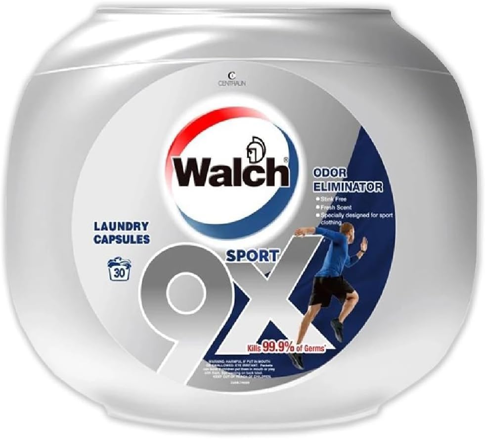 Walch Antibacterial Sport Laundry Detergent Capsules, German Formulated Plant-Based Ingredients, Removes Sweat and Odor, Kills 99.9% Germs and Stain Remover, 30 Pods, Pack of 3 X 30 (90 Capsules)