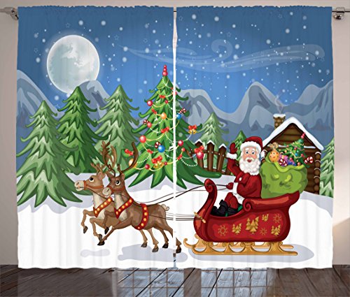 Ambesonne Christmas Curtains, Country Landscape at Night with Trees Santa Claus Snowdrift Reindeers Mountains, Living Room Bedroom Window Drapes 2 Panel Set, 108