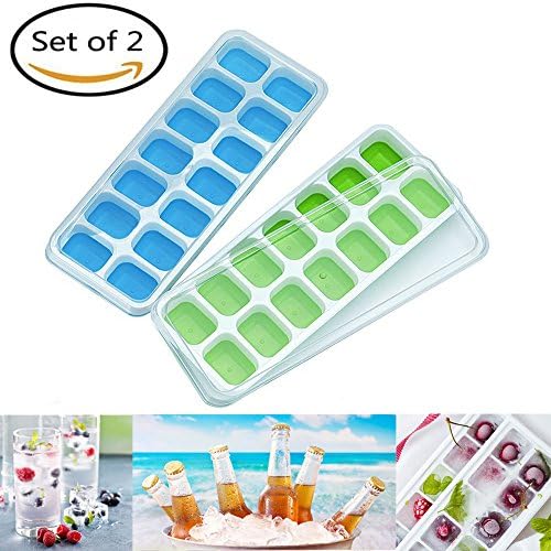 Ice Cube Trays with Lids Pack of 2 with 28 Ice Cubes Molds LFGB Approved Food Grade Silicone Plastic Stackable Ice Tray