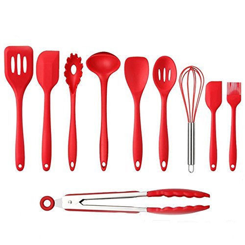 10 Pieces Food Grade Silicone Cooking Utensil Set, Premium Heat Resistant Non-Stick Kitchen Baking Sets, Scraper, Spoon, Tongs, Pasta Fork, Slotted Spoon, Spoonula, Slotted Turner, Whisk, Brush