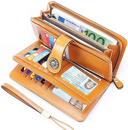 DeFe Ladies Leather Purse Large Capacity Womens Wallets RFID Blocking with Wrist Strap 26 Card Slots, Ladies Purse Wallet with Zip Pocket Coins Compartment, Leather Purses for Women XXL (Orange)