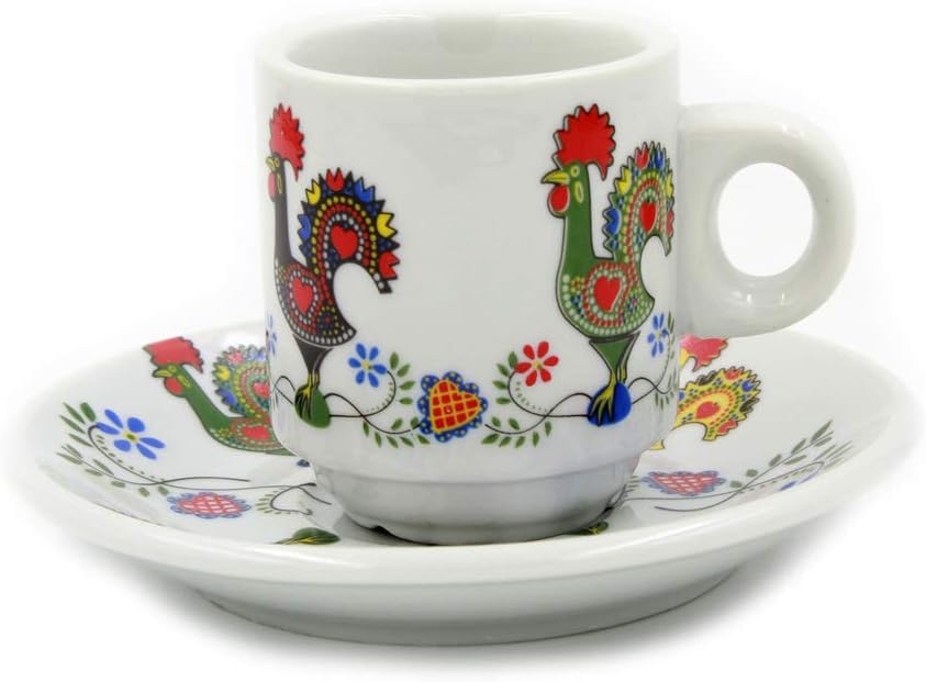 Portugal Themed Set Of 6 Espresso Cups and Saucers With Gift Box - Various Designs (Rooster Flowers #4)