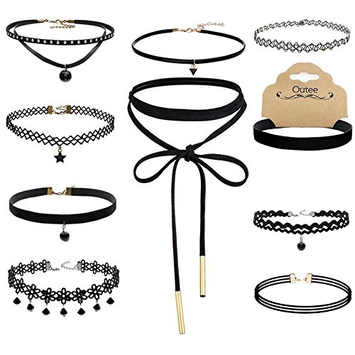 Velvet Chokers Necklaces, Outee 10 Pieces Black Stretch Tattoo Bead Star and PU Triangle Chokers Necklaces