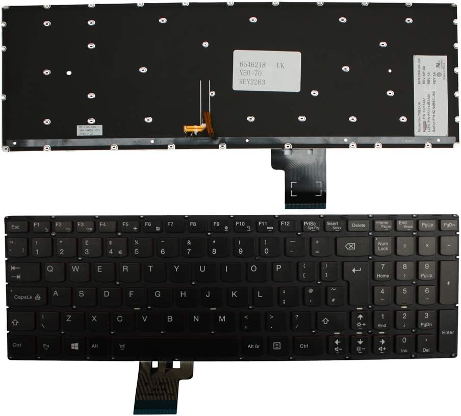 Keyboards4Laptops UK Layout Backlit Black Windows 8 Laptop Keyboard Compatible with Lenovo Y50-70, Lenovo Y50-70 Touch, Lenovo Y70-70 Touch
