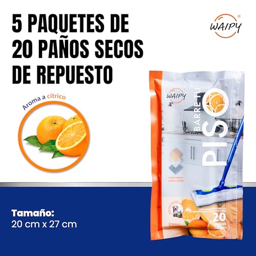 100 Paños Secos Ezee Glider | Sustituto Barrido Tradicional - Atrapa Polvo y Pelo | Repuestos de Paños de Limpieza Aroma Cítrico | Limpian Madera, Azulejo y Linóleo | Compatibles con Cualquier Baston