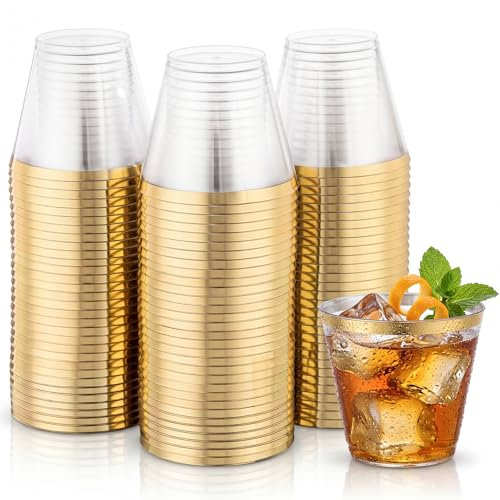 Hioasis 200Pcs 9OZ Clear Cups - Plastic Disposable Cups with Gold Trim, Heavy Duty & BPA-free for Party, Wedding, Reception | BPA-free Clear cups with elegant silver trim. Perfect for weddings, parties and celebrations