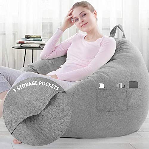ODOMY Stuffed Animal Storage Bean Bag Chair Cover (Without Filler) for Kids and Adults, S M XL Stuffable Zipper Beanbag Covers for Organizing Children Plush Toys or Memory Foam with Three Side Pockets