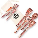 Exotic Pakkawood 7-Piece Kitchen Utensil Set With Spoon, Slotted Spoon, Spatula, Corner Spoon, Small Spoon, Small Spatula/Turner, Spreader - Earth Friendly Material - By Crate Collective (Sunrise)