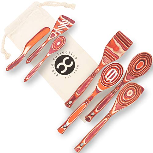 Exotic Pakkawood 7-Piece Kitchen Utensil Set With Spoon, Slotted Spoon, Spatula, Corner Spoon, Small Spoon, Small Spatula/Turner, Spreader - Earth Friendly Material - By Crate Collective (Sunrise)