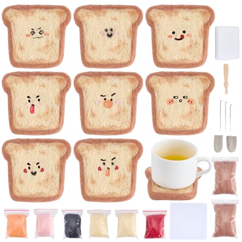 FREEBLOSS 8 Set Needle Felting Kit Toast Coasters Needle Felting Starter Kit Felting Needles Coaster with Needle Felting Tools Wool and Instructions DIY Felting Kits for Beginners Adult