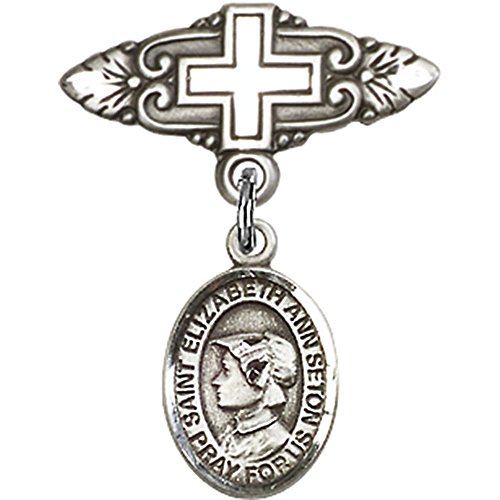Sterling Silver Baby Badge with St. Elizabeth Ann Seton Charm and Badge Pin with Cross 1 X 3/4 inches