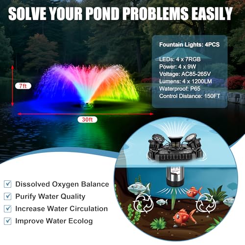 Goldlife Pond Fountain Aerator, F3 With 4 RGB Lights, 1HP 750W 110V Stainless Steel Floating Fountain With 100FT Power Cord Black Octagon Aerating Fountain Pump for Small Large Pond Lake Pool FishFarm
