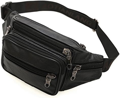 Genuine Soft Leather Fanny Pack Black Waist Bag 6 Pockets Adjustable Belt Strap Travel Pouch