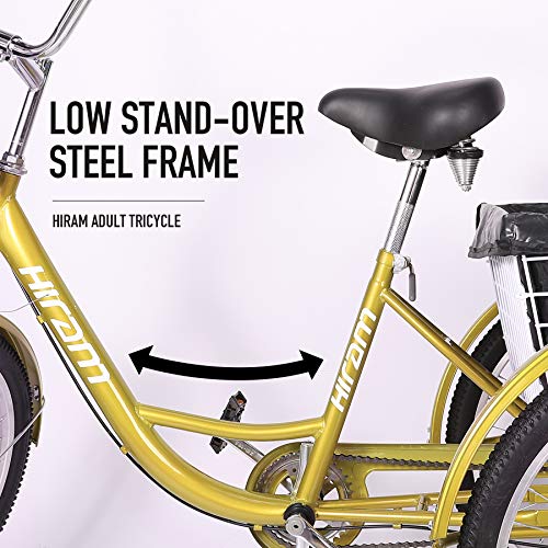 HIRAM Adult Tricycle Trike, 24" Wheels Single Speed Cruise Bike, Three-Wheeled Bicycle with Large Size Basket for Recreation, Shopping, Exercise Men's Women's Bike, Water-Proof Bag and Bicycle Bell