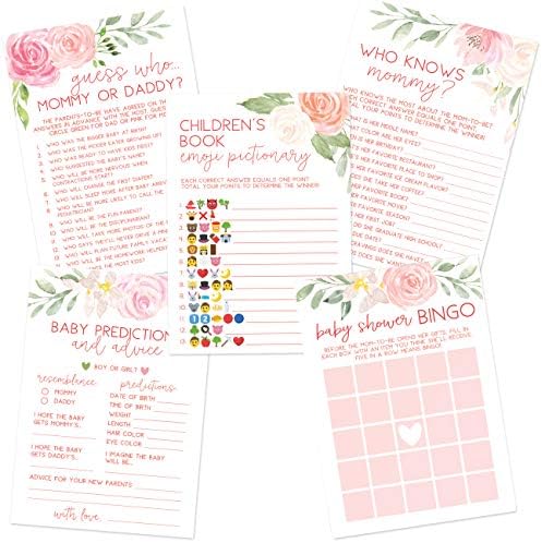 Floral Baby Shower Game Set Contains 5 Games 50 Sheets Each Fun Baby Shower Games & Activities Includes Baby Prediction And Advice Emoji Bingo Who Knows Mommy And Guess Who Games