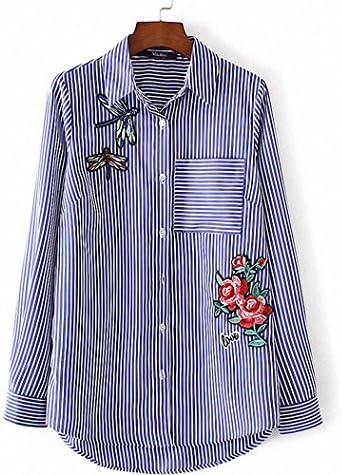 Women floral dragonfly embroidery full cotton striped blouse long sleeve long shirt ladies casual tops blusas L