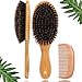 FunfulHome Boar Bristle Hair Brush + Travel Size Natural Wooden Detangler Comb for Women, Men, Kids with Dry, Normal,Fine Thin Hair- Add Shine & Improve Hair Texture- Eco Bamboo Detangling Hairbrushes