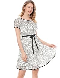 Allegra K Mujer Pajarita Cintura bi-color contraste encaje Floral A-Line Vestido