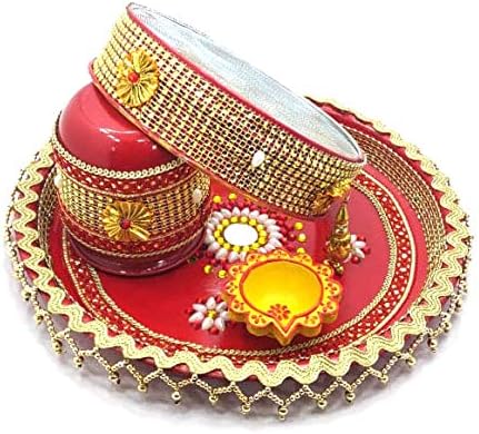 Suhag Karwa Chauth Handmade Pooja Thali (Set of 4-One Thali, One Chalni One Lota and One Diya) for All Married and Love Couples