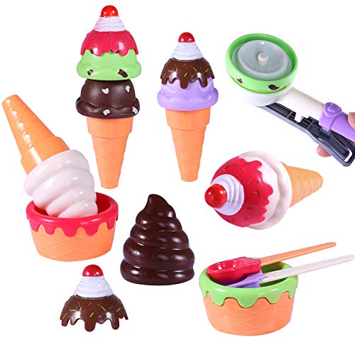 TEPSMIGO Plastic Stack Ice Cream Toy with Play Tea Set, 27 PCS Colored Pretend Food Educational Gifts for Toddler Children Age 3+ Boys Girls