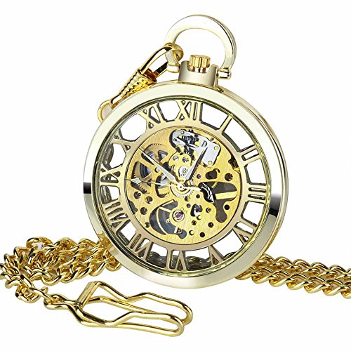 Golden Open Face Pocket Watch Steampunk Skeleton Mechanical Hand