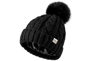 YANIBEST Womens Winter Beanie Hat Satin Lined Knitted Beanie Hat Warm Soft Ski Cuff Cap with Pom Pom
