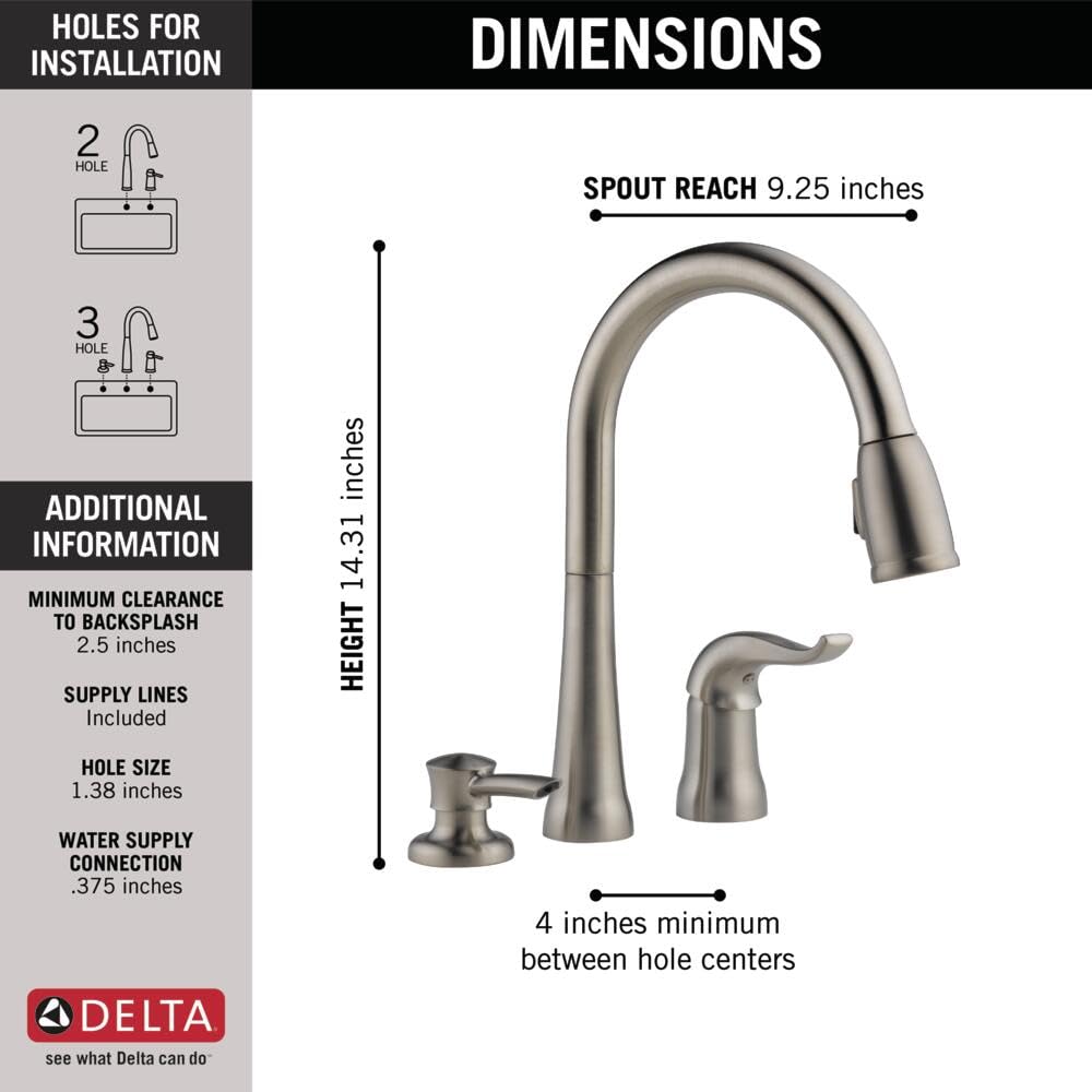 Delta Kate Brushed Nickel Kitchen Faucet with Pull Down Sprayer and Soap Disperser, Modern Two Hole Kitchen Sink Faucet, Single Handle, Stainless 16970-SSSD-DST