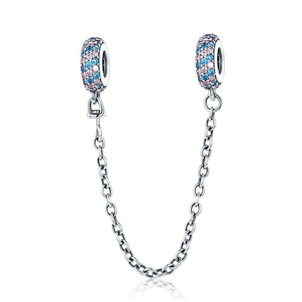 Bijoux Blu Pink and Blue Safety Chain Real 100% 925 Sterling Silver Pink and Blue CZ Round Safety Chain Charm Fit Charm Bracelet DIY Jewelry Making