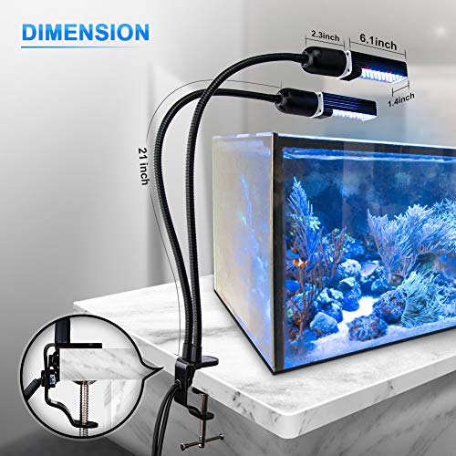 Relassy Led Aquarium Light, Led Reef Coral Light with Dual Replaceable E27 Bulb, Adjustable Clip On Seawater Aquarium Light Dimmable for Freshwater Seawater Fish Coral Aquatic Plant Growth