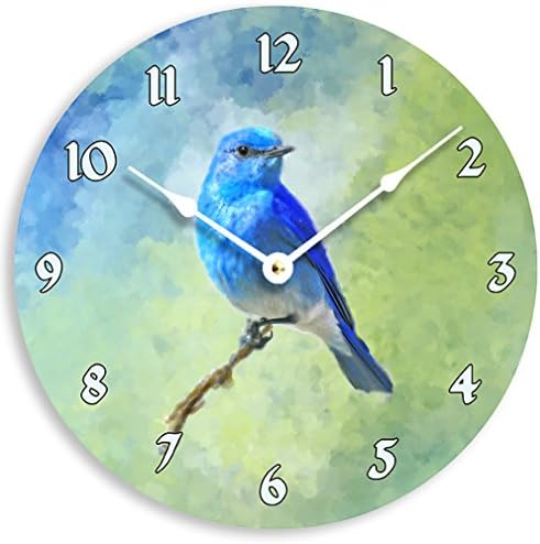 Contemporary 10 inch wall or kitchen clock. Bluebird or blue jay on a branch impressionist image.
