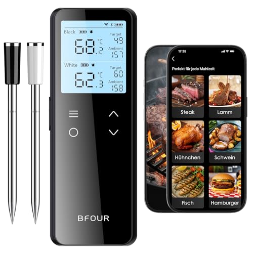 Bfour Bf-80 Fleischthermometer Kabellos Mit Bluetooth Und Wlan, Grillthermometer Mit 2 Sonden, 6 Sensoren, Ip67 Wasserdicht, Touch-Taste, App-Steuerung, Bratenthermometer Für Bbq, Backofen, Grill
