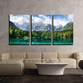 Beautiful Landscape with Turquoise Lake Forest and Mountains x3 Panels