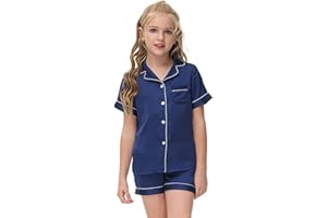 Alunsito Kid Girls Boys Pajamas Set Button Down Short Sleeve Top T-Shirt + Shorts 2Pcs Lounge Sleepwear Nightwear PJs Outfits