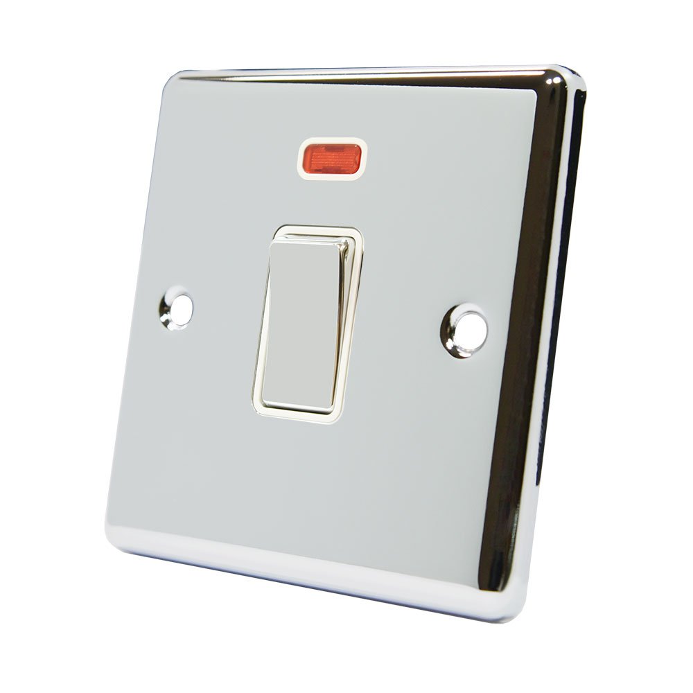 AET CPC20ASWIWC 20 A Double Pole Classical Chrome Polished White Insert Metal Rocker Switch with Neon Indicator
