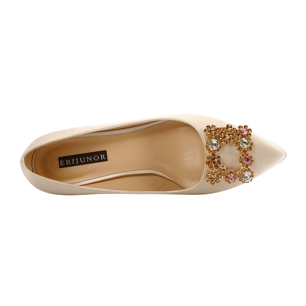 ERIJUNOR Women Comfort Low Heel Closed Toe Rhinestone Wedding Evening Satin Shoes - Image 4