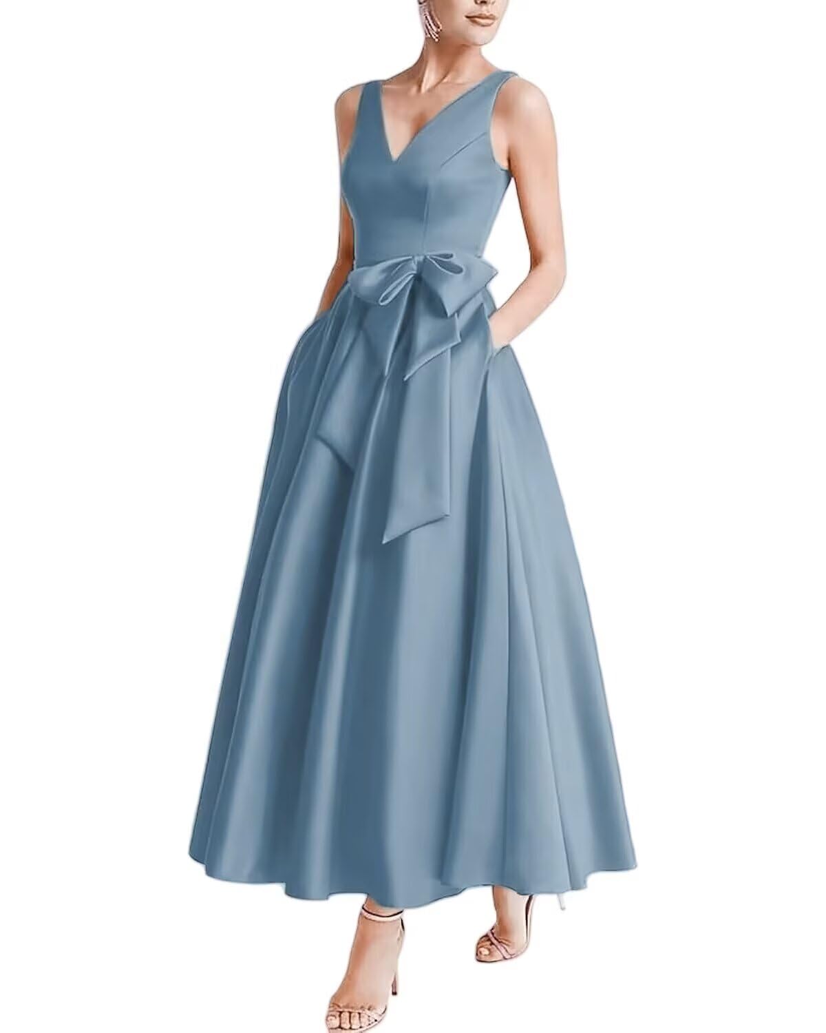 Photo 1 of Xtulle Women’s Dusty Blue Mother of Bride Dress Tea Length V Neck Mother of Groom Dress Satin Evening Formal Dress with Bow Size 16