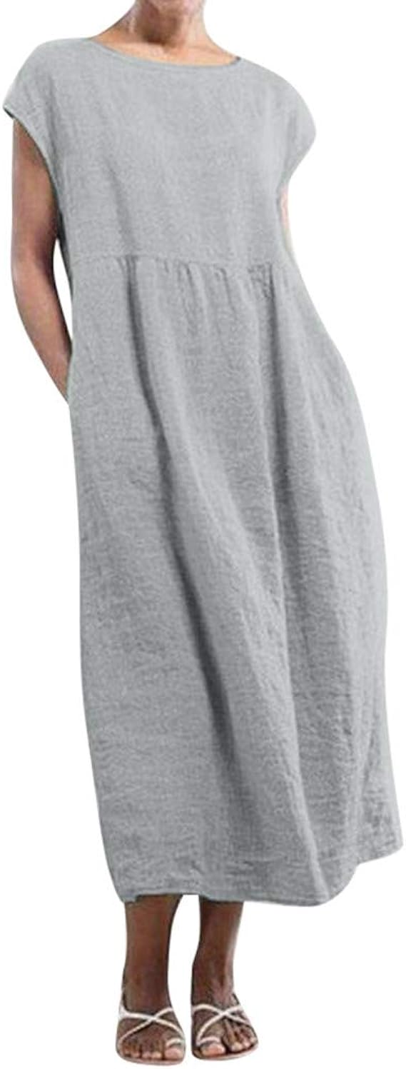 Ladies Sleeveless Plain Linen Dress Women Tunic Midi Dress ONeck Short