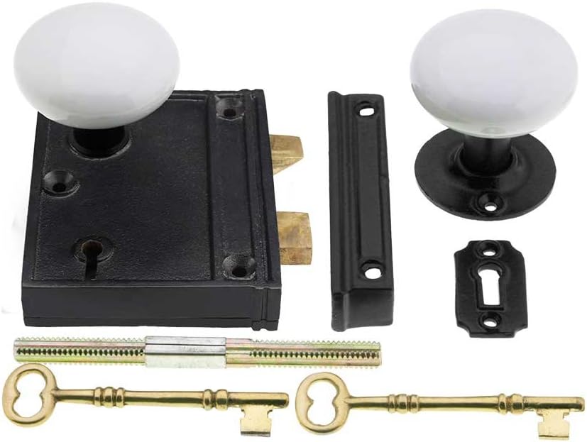 Cast Iron Vertical Rim Lock Set With White Porcelain Door Knobs